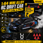 Black BMW M4 1:64 Mini Alloy RC Drift Car by YEGAO with blue red racing graphics, black wheels and rear spoiler
