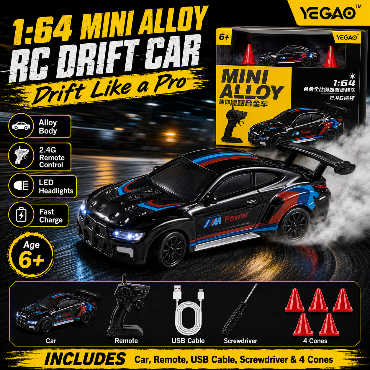 Black BMW M4 1:64 Mini Alloy RC Drift Car by YEGAO with blue red racing graphics, black wheels and rear spoiler Black BMW M4 1:64 Mini Alloy RC Drift Car by YEGAO with blue red racing graphics, black wheels and rear spoiler