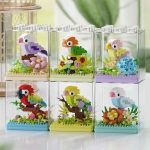 Peach Parrot Building Blocks 205-piece bird and flowers with transparent stackable dust cover K397 MEKANSM