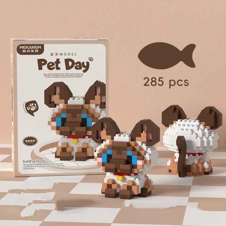 Siamese Cat Building Blocks 285-piece cream and brown cat model with blue eyes and red collar K219