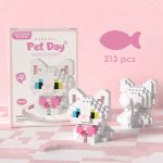 White Munchkin Cat Building Blocks 213-piece short-legged model with colourful eyes and pink bow K218