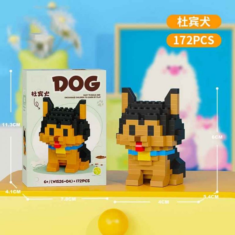Doberman Pinscher Building Blocks 172-piece black and tan dog model with blue collar W1526-04