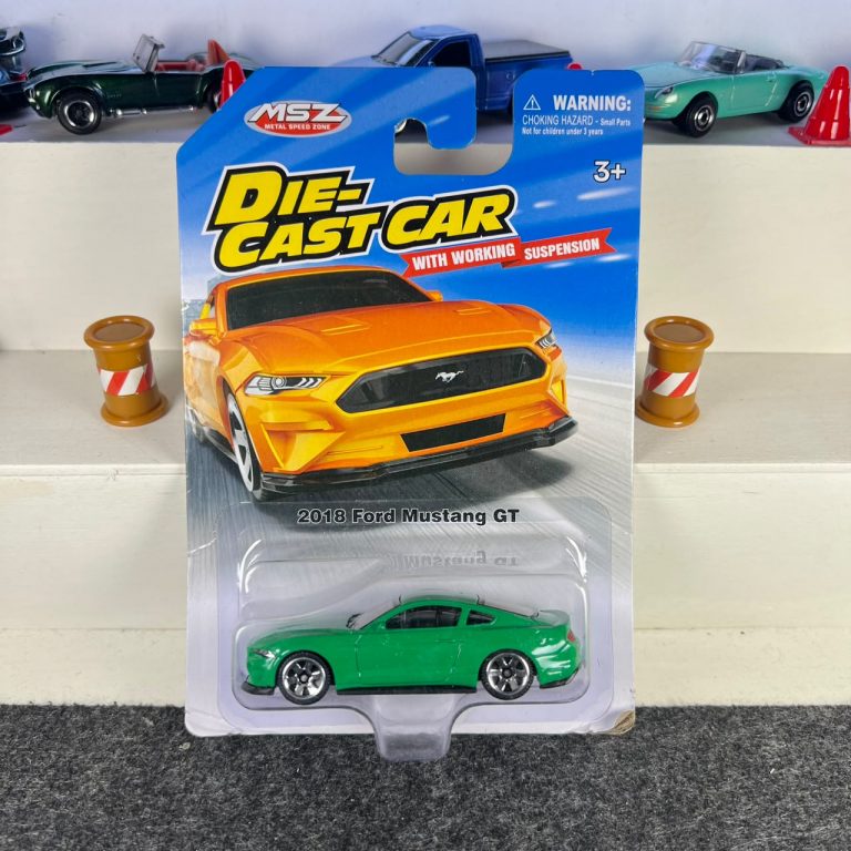 Ford 2018 Mustang GT green diecast car with silver wheels and working suspension – MSZ
