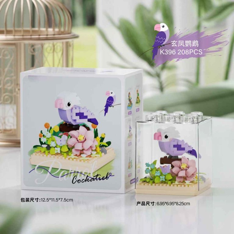 Purple Cockatiel Parrot Building Blocks 208-piece bird with floral base and stackable dust cover K396 MEKANSM