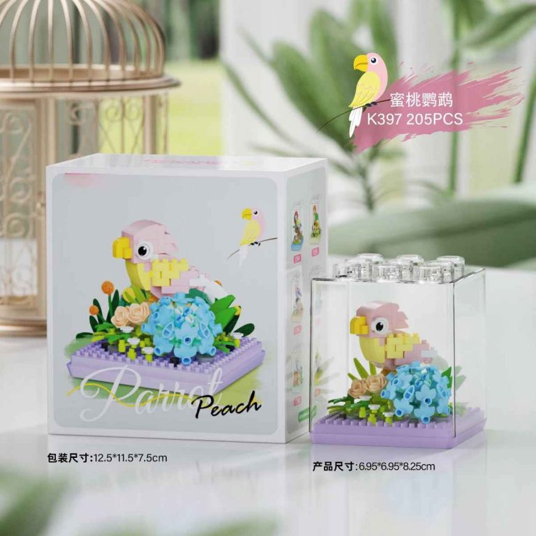 Peach Parrot Building Blocks 205-piece bird and flowers with transparent stackable dust cover K397 MEKANSM