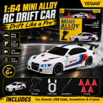 White BMW M4 1:64 Mini Alloy RC Drift Car by YEGAO with red blue racing stripes, black wheels and rear spoiler