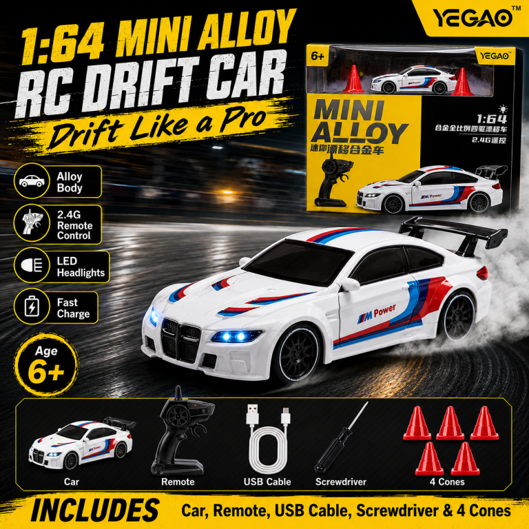 White BMW M4 1:64 Mini Alloy RC Drift Car by YEGAO with red blue racing stripes, black wheels and rear spoiler