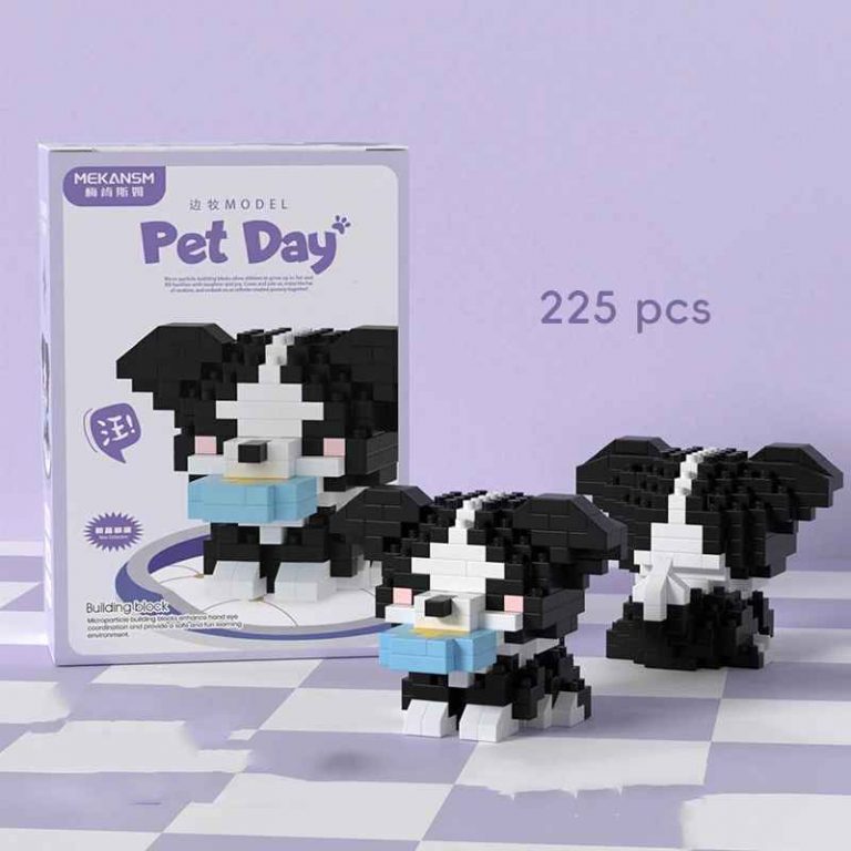 Border Collie Building Blocks 225-piece black and white puppy model with light-blue bow K212