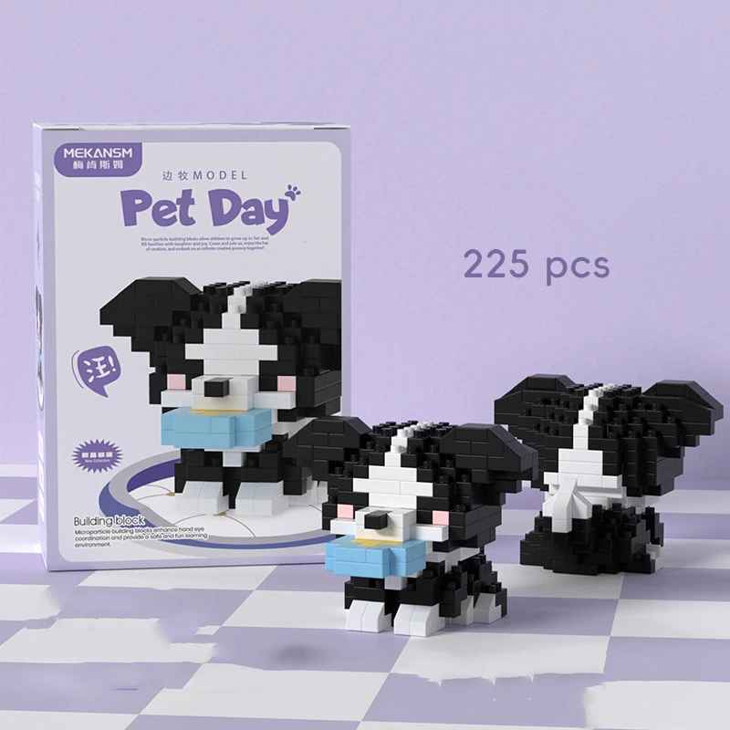 Border Collie Building Blocks 225-piece black and white puppy model with light-blue bow K212