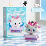 Chinchilla Cat Pet Box Building Blocks 322-piece white cat with pink bunny ears and lavender box K382 Peekaboo