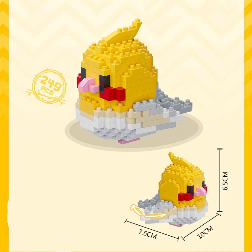 Yellow Cockatiel Bird Building Blocks 249-piece model with red cheeks and movable grey wings 8915