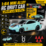 Cyan Porsche 911 GT3 RS 1:64 Mini Alloy RC Drift Car by YEGAO with LED headlights, checker graphics and black rear spoiler