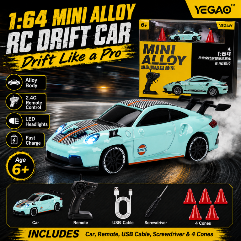Cyan Porsche 911 GT3 RS 1:64 Mini Alloy RC Drift Car by YEGAO with LED headlights, checker graphics and black rear spoiler