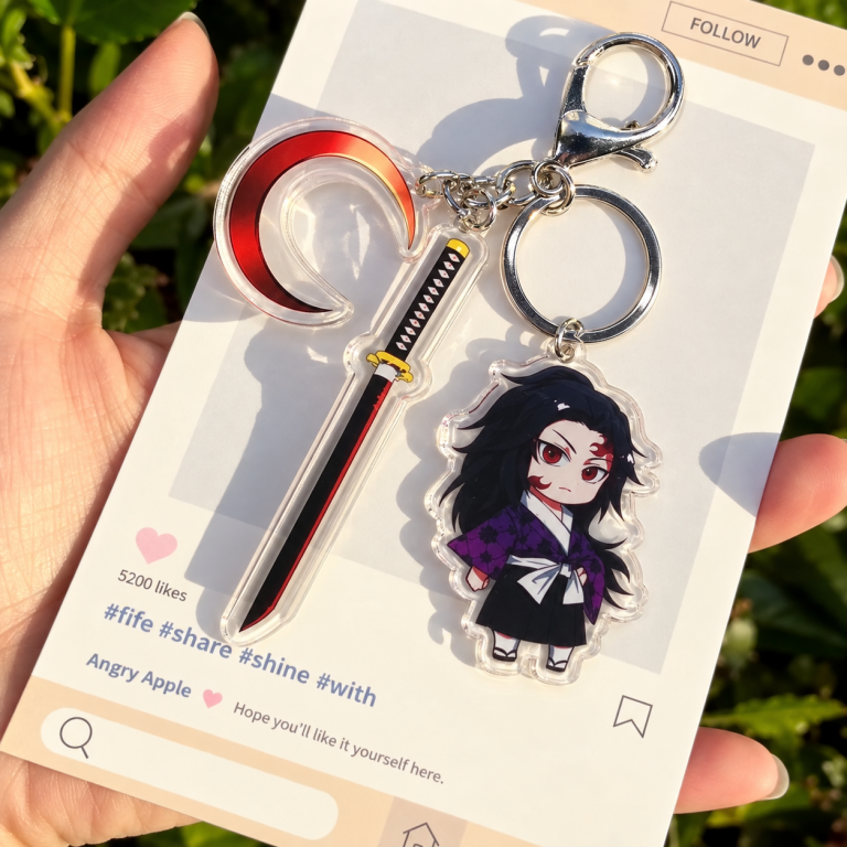 Kokushibo Demon Slayer acrylic character charm with sword, crescent decorative charm and metal clasp