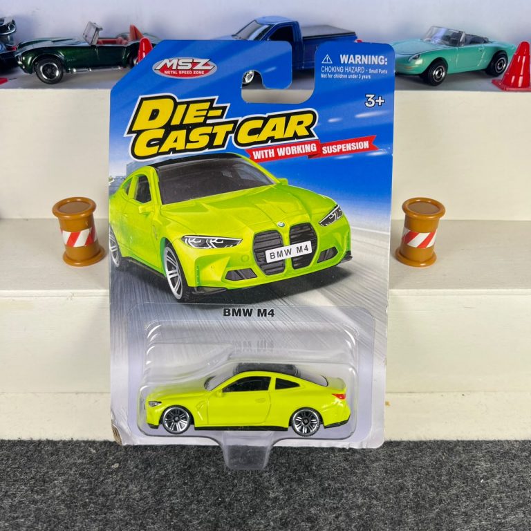 BMW M4 lime green diecast car with silver wheels and working suspension – MSZ