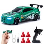 Green BMW M4 1:64 Mini Alloy RC Drift Car by YEGAO with LED headlights, black rear spoiler and 2.4GHz remote controller