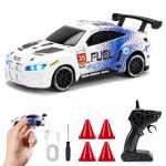 White & Blue BMW M4 1:64 Mini Alloy RC Drift Car by YEGAO with LED headlights, black rear spoiler and 2.4GHz remote controller