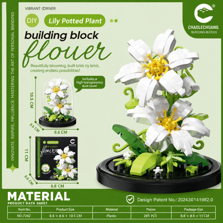 White Lily Building Blocks with Dust Cover 285-piece flower display by CHAOLECHUANG
