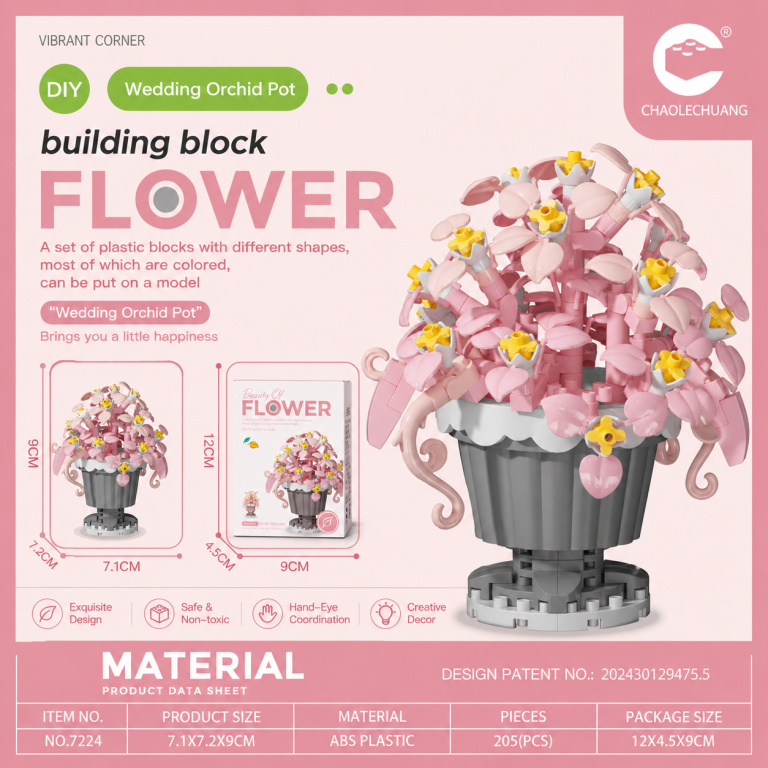 Pink Wedding Orchid Building Blocks 205-piece flower arrangement in a decorative grey pot model 7224