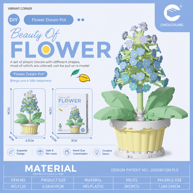Blue Hyacinth Potted Plant Building Blocks No. 7220 with blue flowers, green leaves and yellow pot
