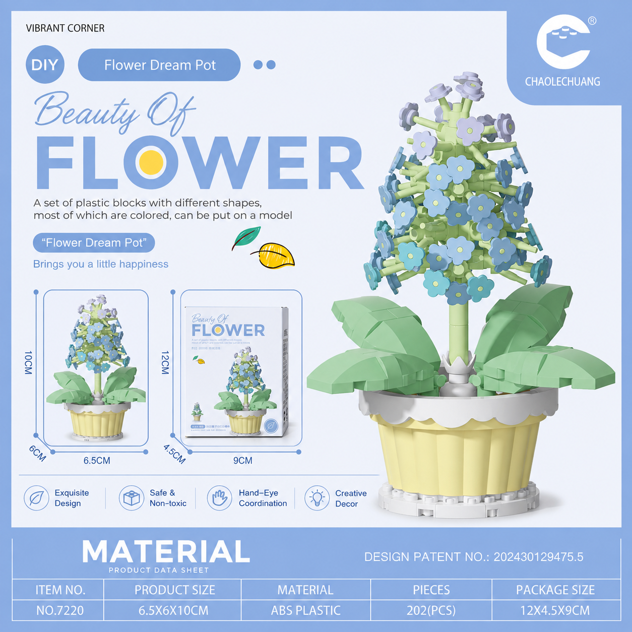 Blue Hyacinth Potted Plant Building Blocks No. 7220 with blue flowers, green leaves and yellow pot