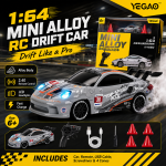 Silver Porsche 911 GT3 RS 1:64 Mini Alloy RC Drift Car by YEGAO with black wheels and 2.4GHz controller