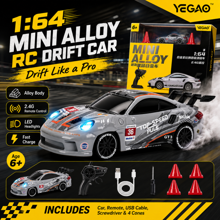Silver Porsche 911 GT3 RS 1:64 Mini Alloy RC Drift Car by YEGAO with black wheels and 2.4GHz controller