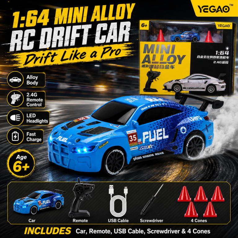 Blue BMW M4 1:64 Mini Alloy RC Drift Car by YEGAO with LED headlights, black rear spoiler and 2.4GHz remote controller