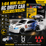 White & Blue BMW M4 1:64 Mini Alloy RC Drift Car by YEGAO with LED headlights, black rear spoiler and 2.4GHz remote controller