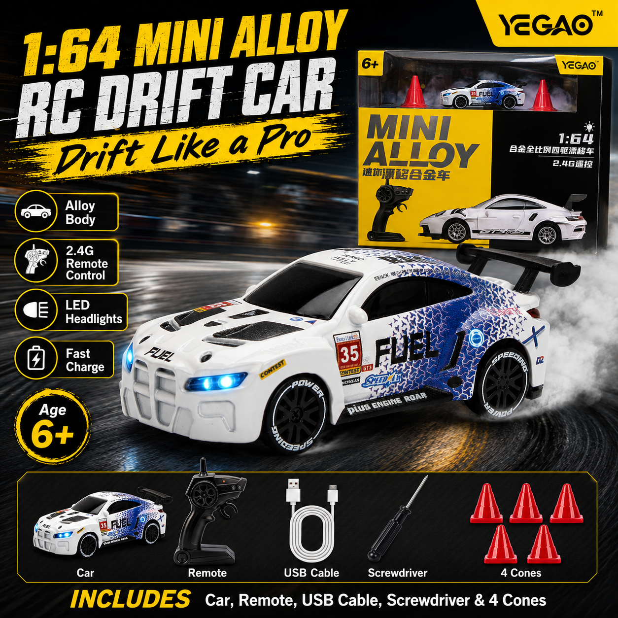 White & Blue BMW M4 1:64 Mini Alloy RC Drift Car by YEGAO with LED headlights, black rear spoiler and 2.4GHz remote controller White & Blue BMW M4 1:64 Mini Alloy RC Drift Car by YEGAO with LED headlights, black rear spoiler and 2.4GHz remote controller