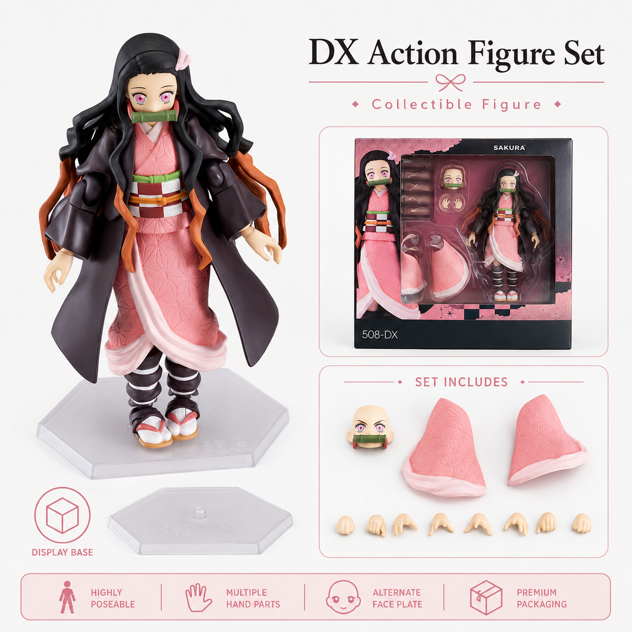 Nezuko Kamado 508DX articulated action figure with pink kimono, bamboo muzzle, interchangeable hands and display stand Nezuko Kamado 508DX articulated action figure with pink kimono, bamboo muzzle, interchangeable hands and display stand
