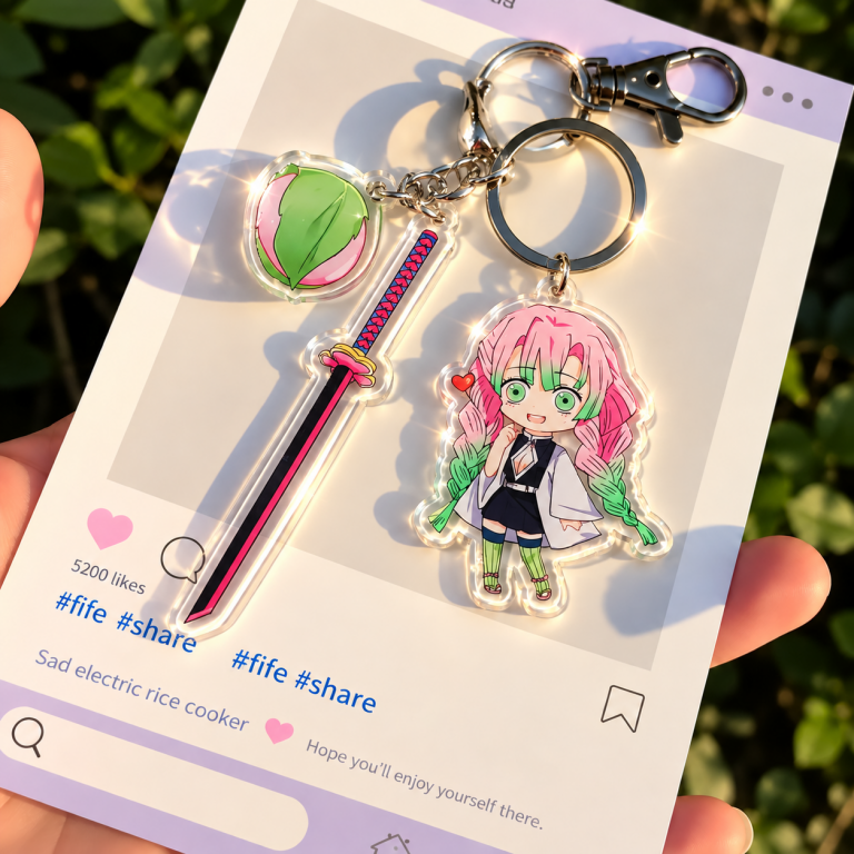Mitsuri Kanroji Demon Slayer acrylic character charm with sword, decorative charm and metal clasp