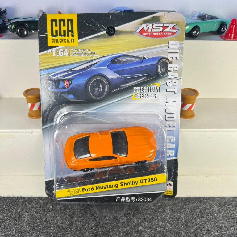 Ford Mustang Shelby GT350 orange 1:64 diecast car with dark wheels and working suspension – CCA