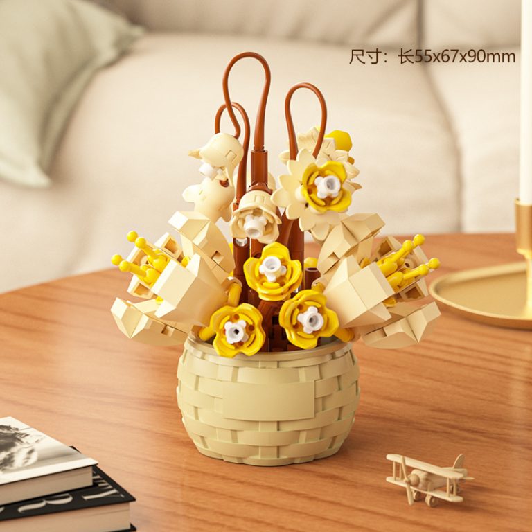 Cream Lily Flower Basket Building Blocks M3081 with yellow roses and rounded woven basket