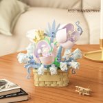 Pink Water Lily Flower Basket Building Blocks M3086 with pale-blue roses and cream woven basket
