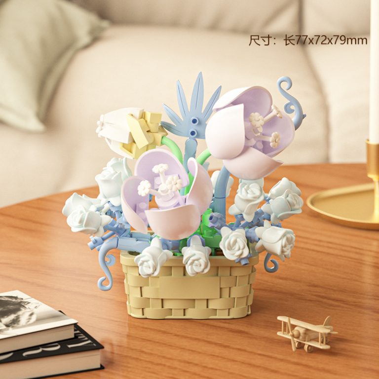 Pink Water Lily Flower Basket Building Blocks M3086 with pale-blue roses and cream woven basket