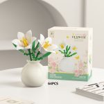 White Lily Flower Building Blocks M3178 with white blossoms, yellow stamens, green leaves and decorative vase