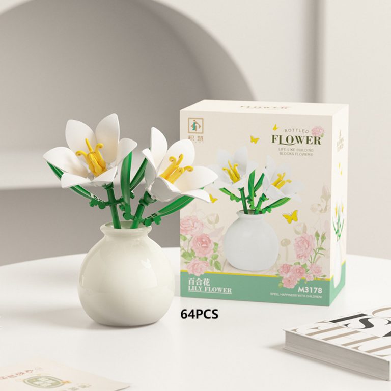 White Lily Flower Building Blocks M3178 with white blossoms, yellow stamens, green leaves and decorative vase