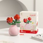 Red Rose Flower Building Blocks M3180 with three roses, green leaves and pastel-pink vase