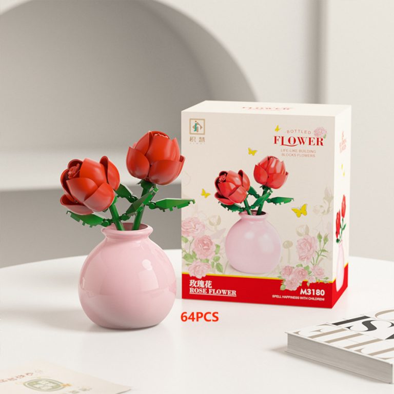 Red Rose Flower Building Blocks M3180 with three roses, green leaves and pastel-pink vase