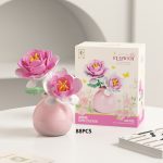 Pink Rose Flower Building Blocks M3182 with layered blossoms, yellow stamens and pastel-pink vase