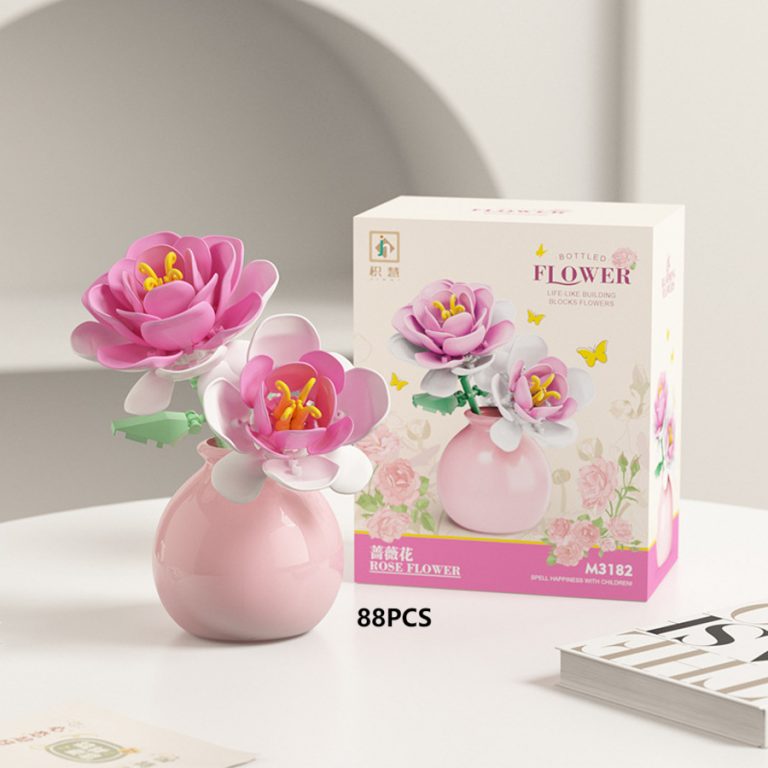 Pink Rose Flower Building Blocks M3182 with layered blossoms, yellow stamens and pastel-pink vase