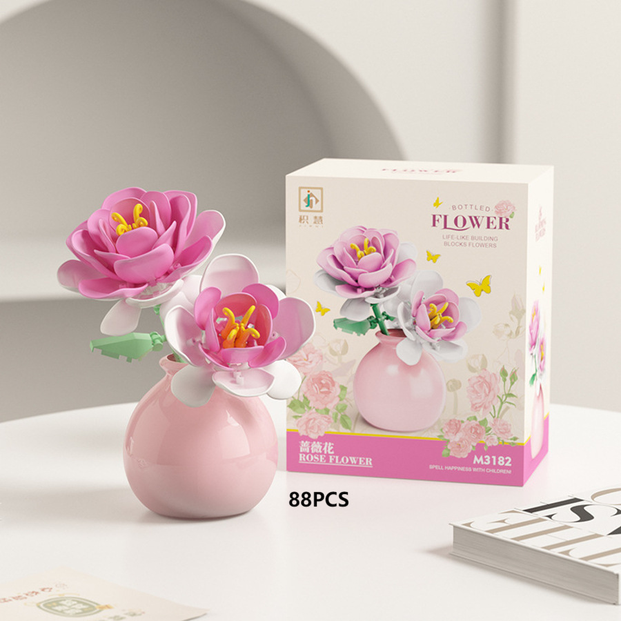 Pink Rose Flower Building Blocks M3182 with layered blossoms, yellow stamens and pastel-pink vase Pink Rose Flower Building Blocks M3182 with layered blossoms, yellow stamens and pastel-pink vase