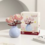 Pink Peony Flower Building Blocks M3183 with layered blossoms, burgundy stems and pastel-blue vase