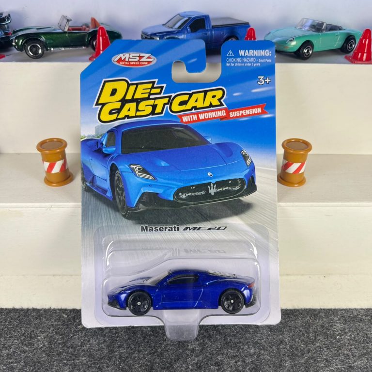 Maserati MC20 blue diecast car with black wheels and working suspension – MSZ
