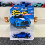 Nissan GT-R R35 blue diecast car with black wheels, rear spoiler and working suspension – MSZ