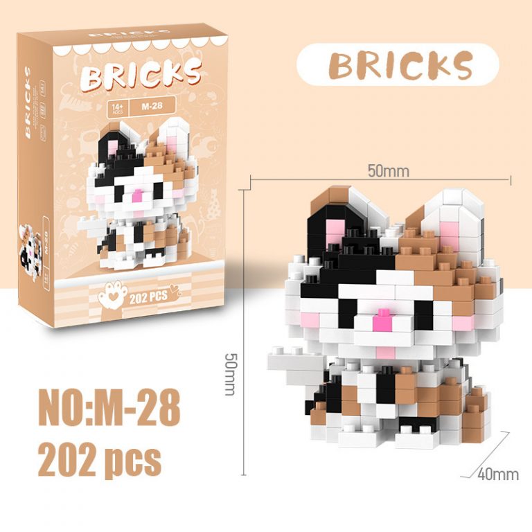 Calico Cat Building Blocks 202-Piece Black White and Brown Mini Pet Model M-28