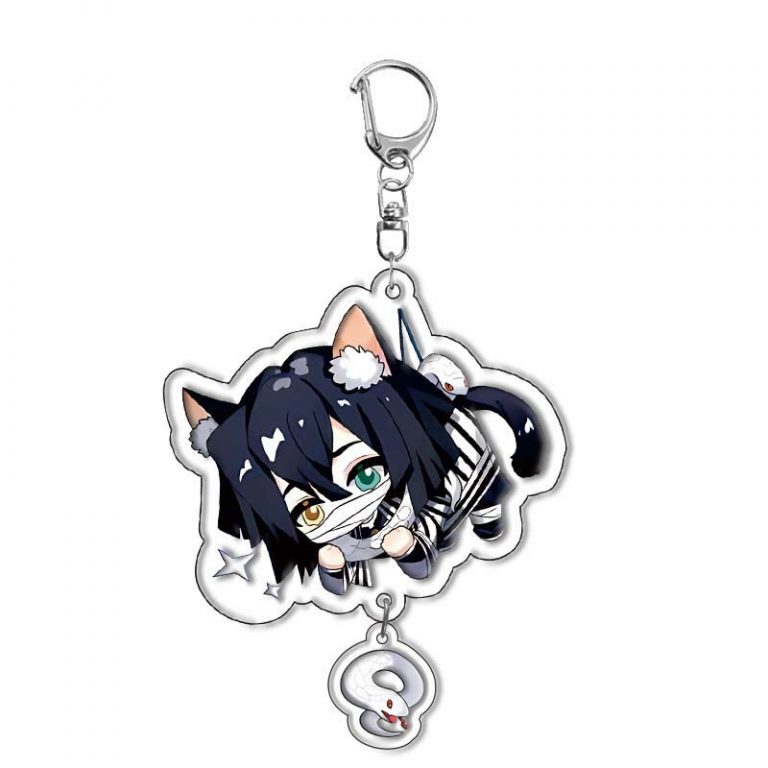 Obanai Iguro Demon Slayer cat acrylic character charm with striped haori, snake pendant and metal clasp