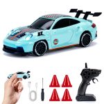 Cyan Porsche 911 GT3 RS 1:64 Mini Alloy RC Drift Car by YEGAO with LED headlights, checker graphics and black rear spoiler