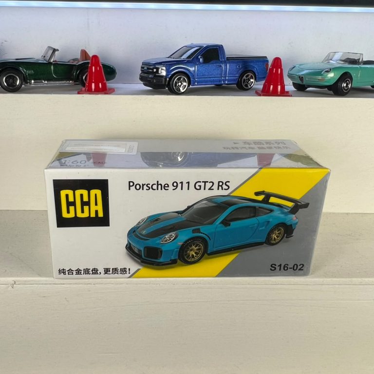 Porsche 911 GT2 RS blue 1:64 diecast car with gold wheels, large rear wing and alloy base – CCA